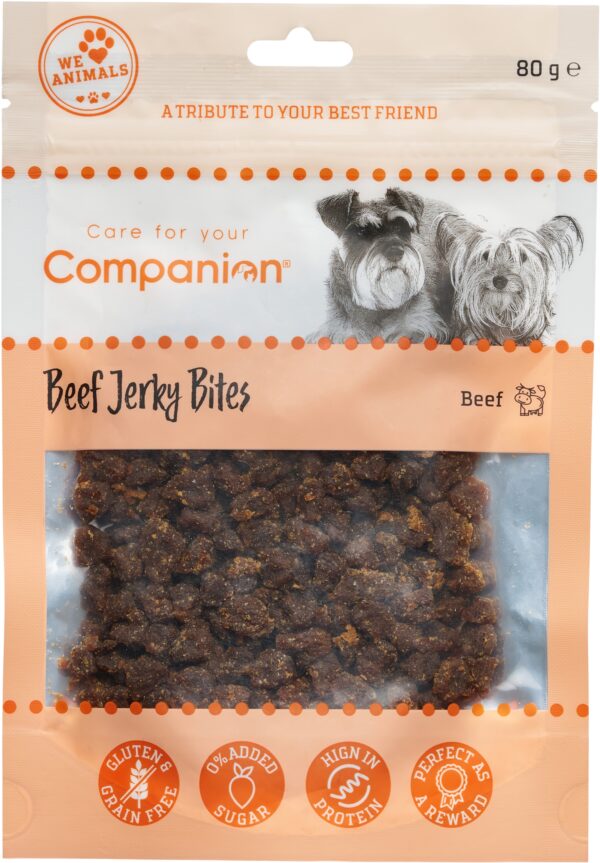 Companion Beef jerky bites. Tørret oksekød i bidder. 80g.